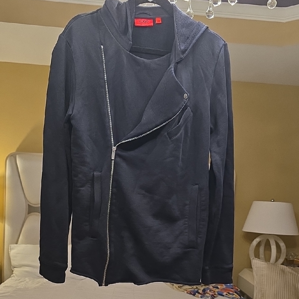 HUGO Navy Asymmetrical Zip Hoodie
